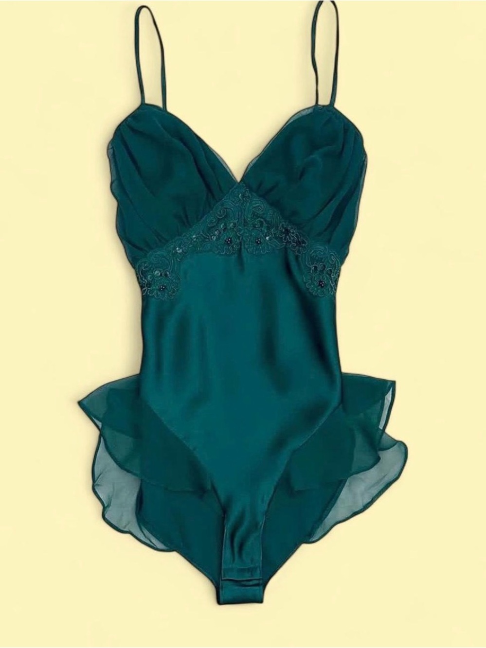 Victorias Secret Vintage Teal Satin Lace-Trim Bodysuit